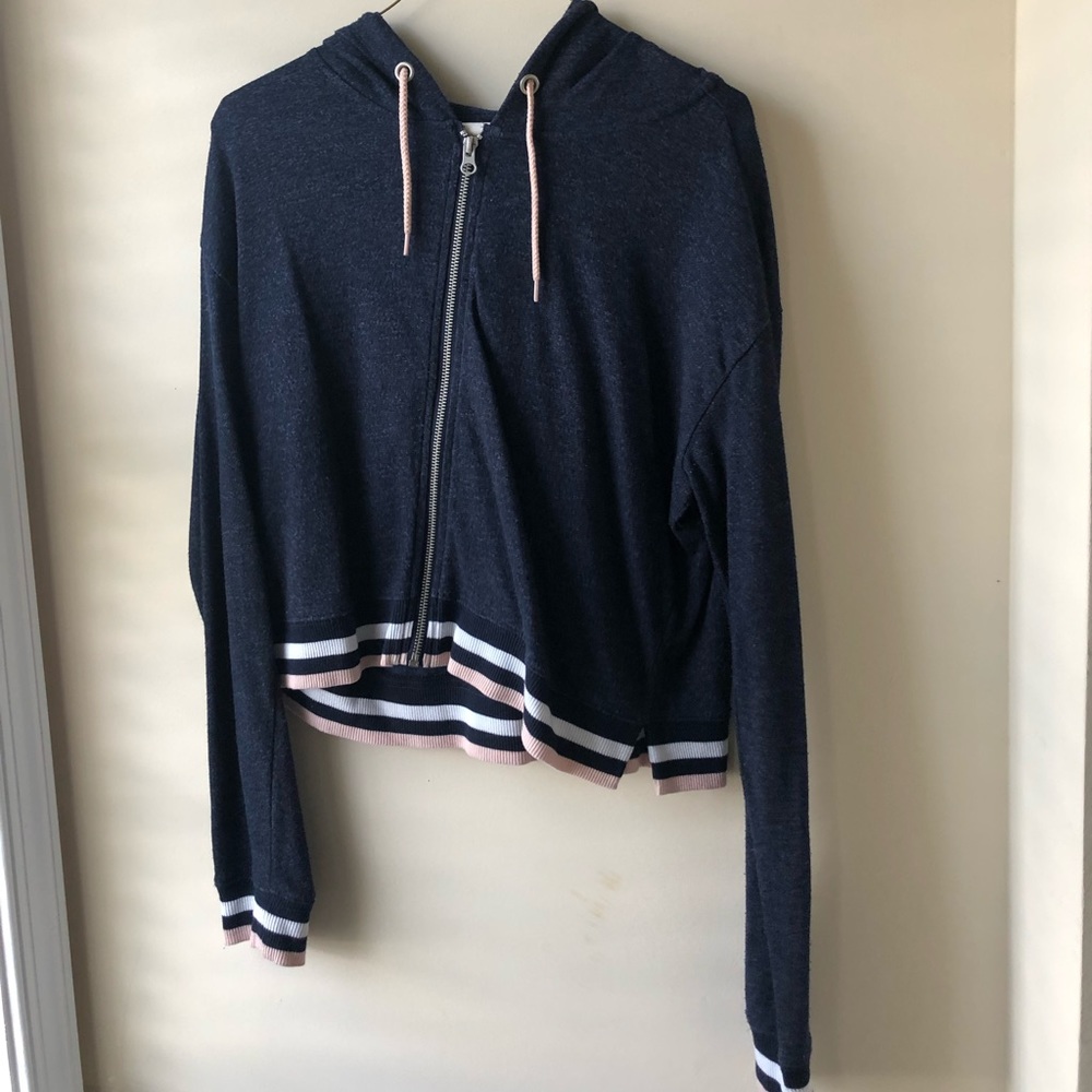 long sleeve navy jacket with pink and white detail